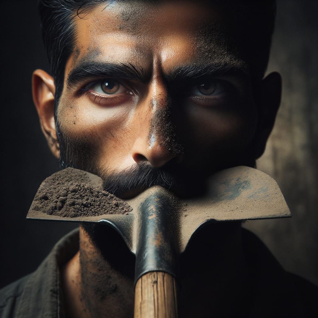 Intense South Asian Man Grits Teeth on Metal Shovel