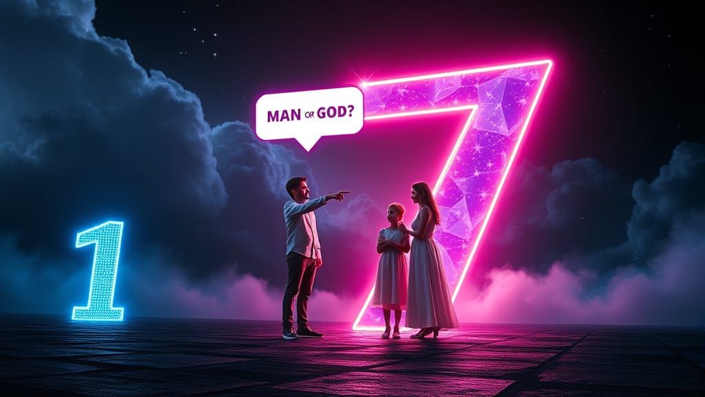 Family Points to Radiant Number Seven in Dreamlike Scene