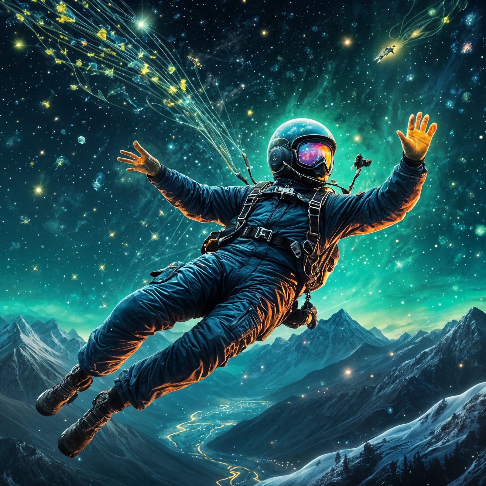 Night Skydiver's Astral View of Snowy Peaks