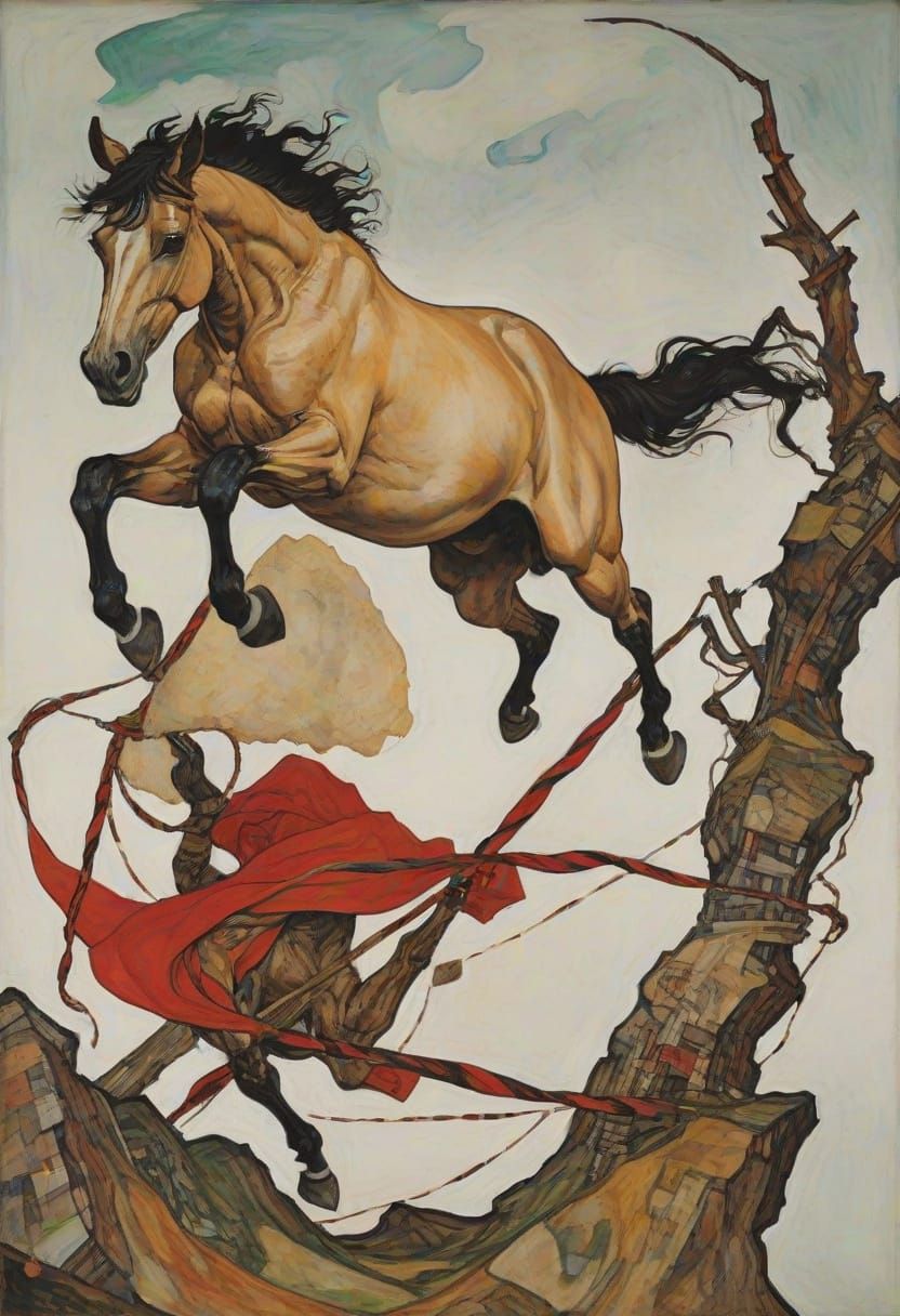 Eerie Horse Mid-Jump in Gritty, Twisted Style