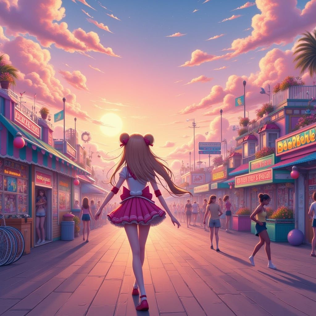 <lora:Ultra Cute Flux:1.0> Sailor Moon headed for the boardwalk.