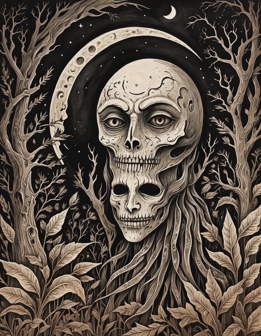 Eerie Harvest Moon Pagan Face in Folk Art Woodcut