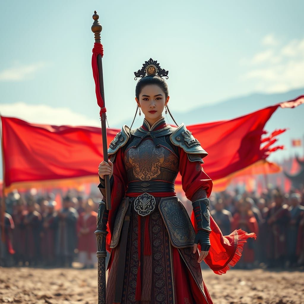 Chinese Warrior Woman with Royal Banner, Cinematic Style