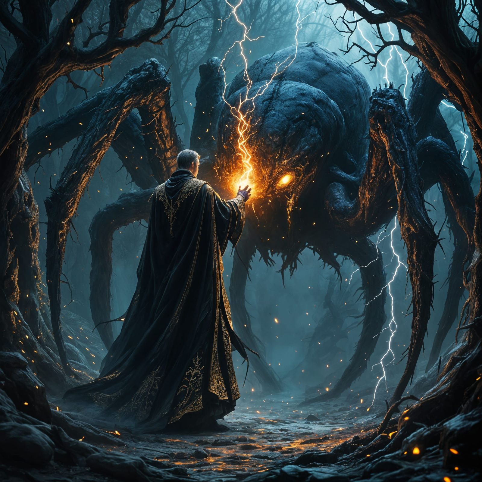 Mage vs Spider in Dark Forest: Hyperrealistic 8k