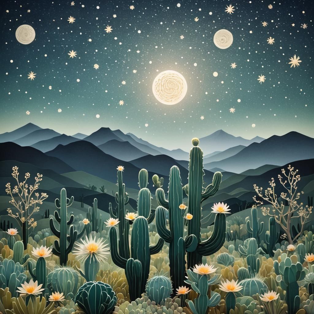Moonlit Cactus Paper Art: Surreal Double Exposure