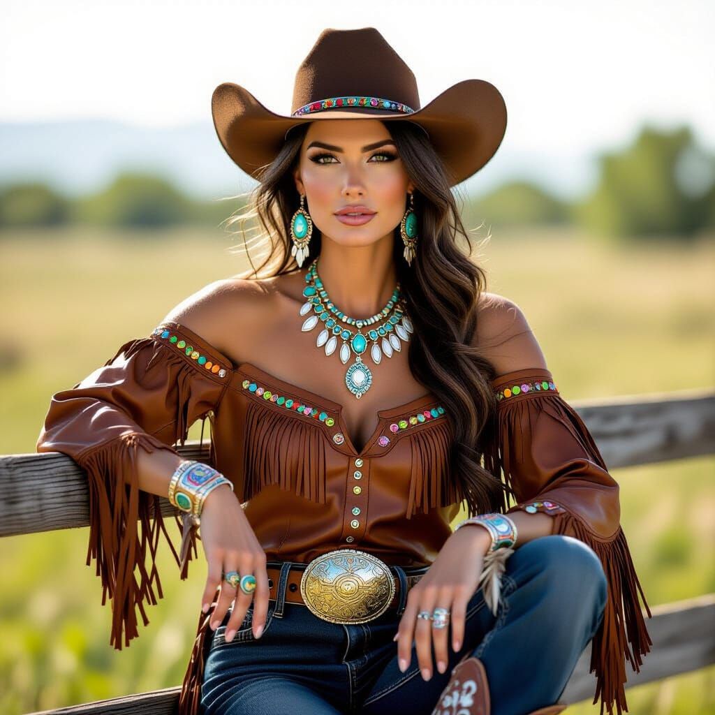 A bold,captivating woman sits on a fence.She wears a cowboy ...