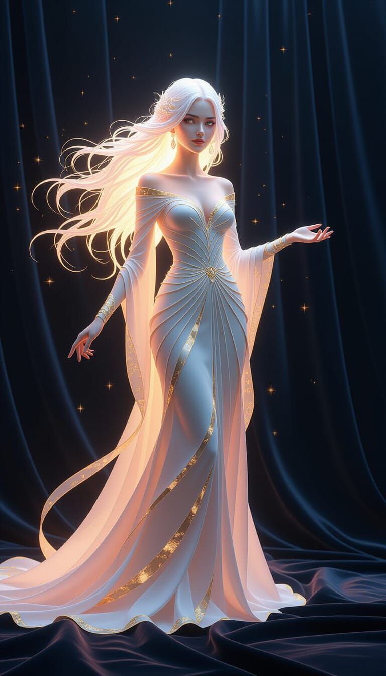 Ethereal Woman of Light in a Starry Night