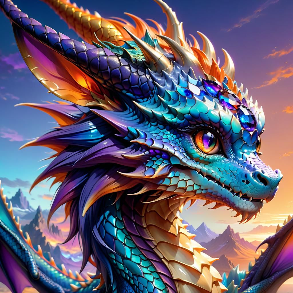 Anime Gem Dragon Portrait in Blue, Orange, and Purple