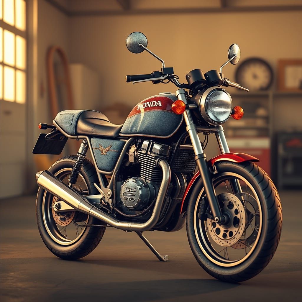 3D Denim Honda CB 750 Motorbike in Sunlit Garage