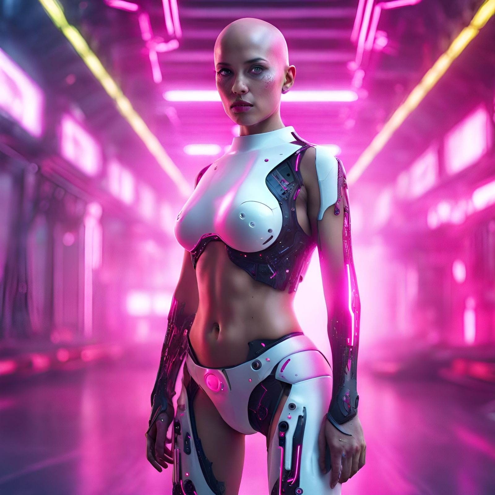Cybernetic Woman with Pink Laser in Futuristic Style