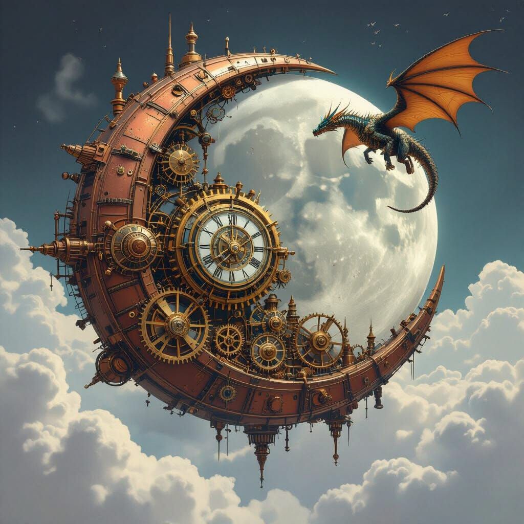 Steampunk Moon with Clockwork and Dragon Soaring