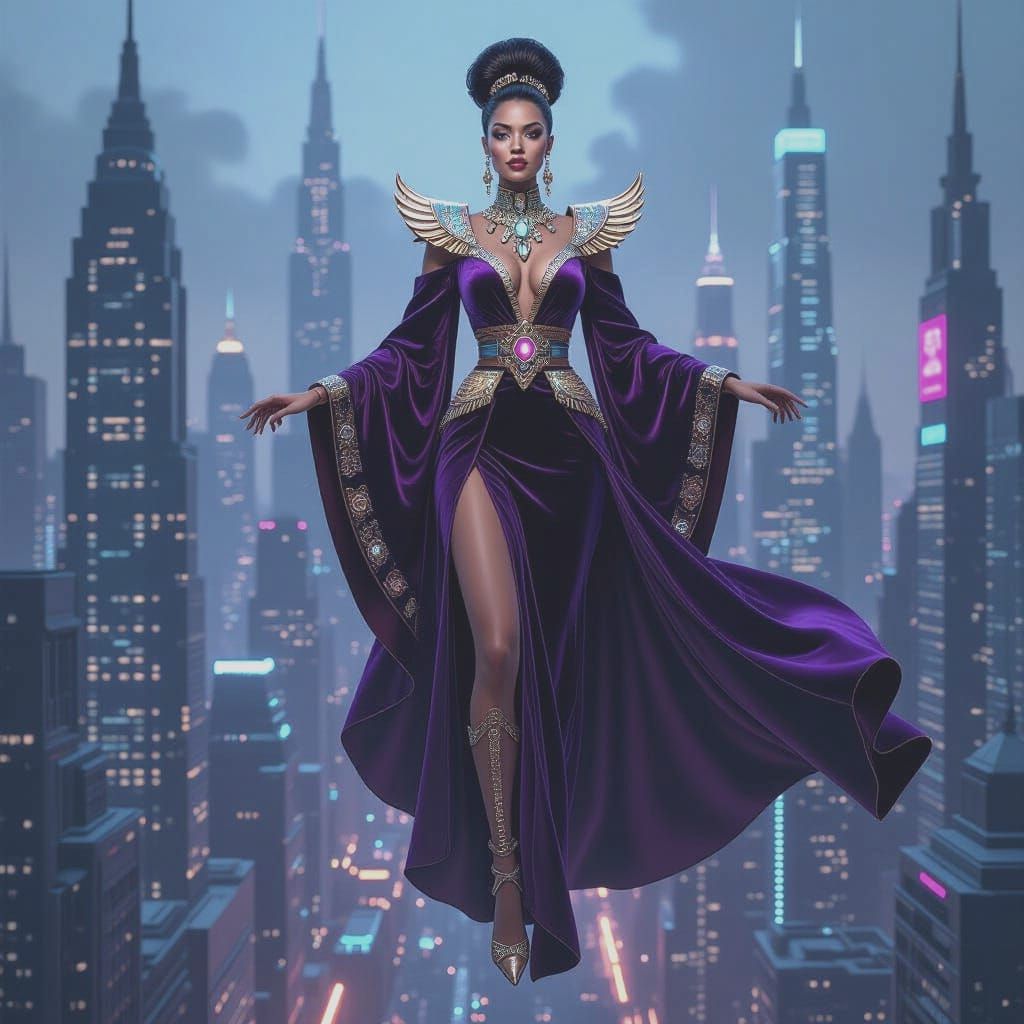 Gigantic Woman Floats Above Neon Metropolis in Cyberpunk Sty...