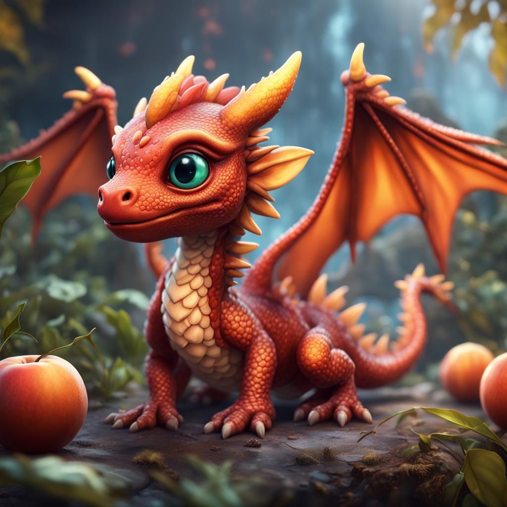Cute Nectarine Dragon in Detailed Fantasy Art