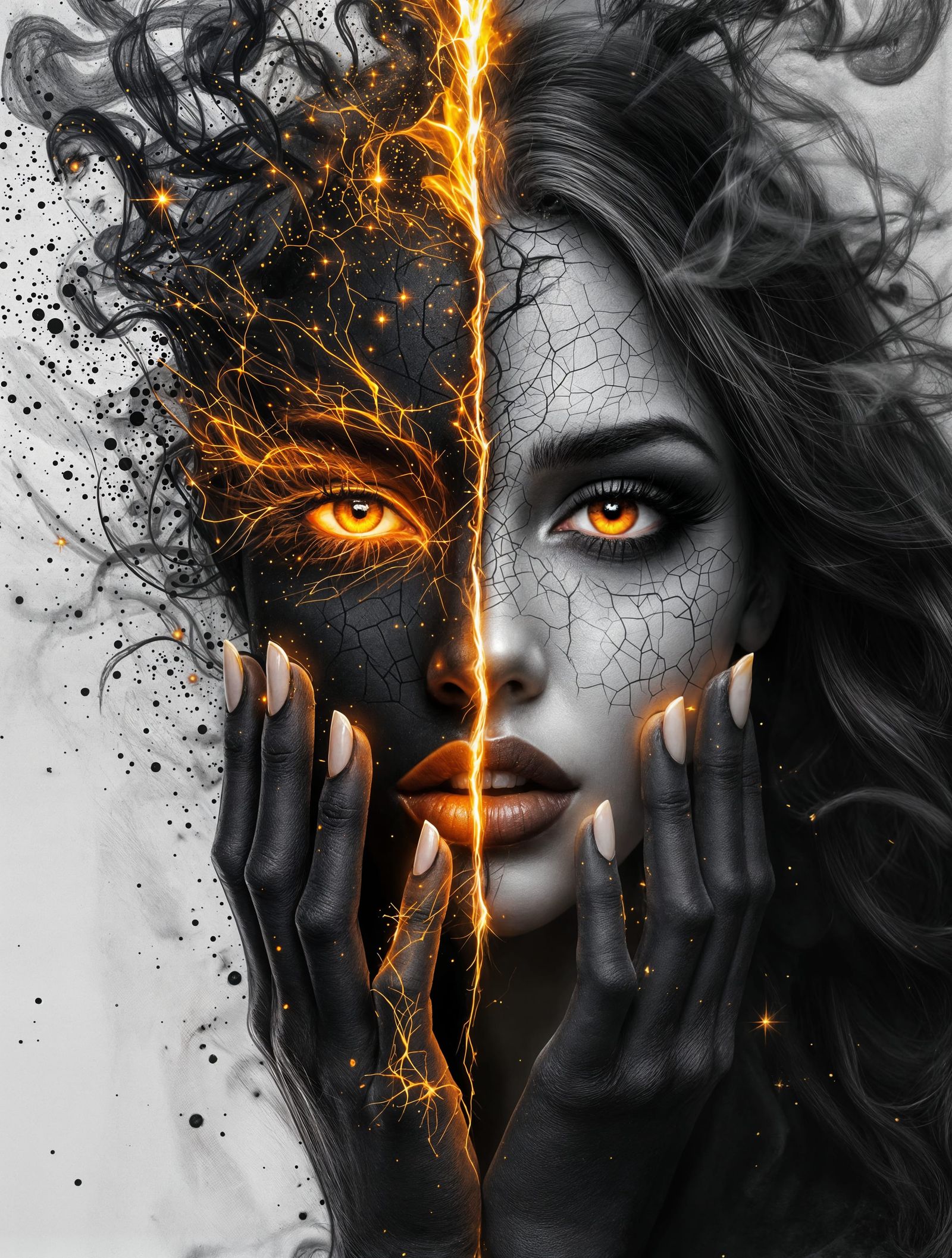 Surreal Portrait of Duality in Fiery Embers