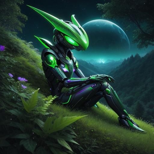 Alien on Hillside at Night in Dreamland Style