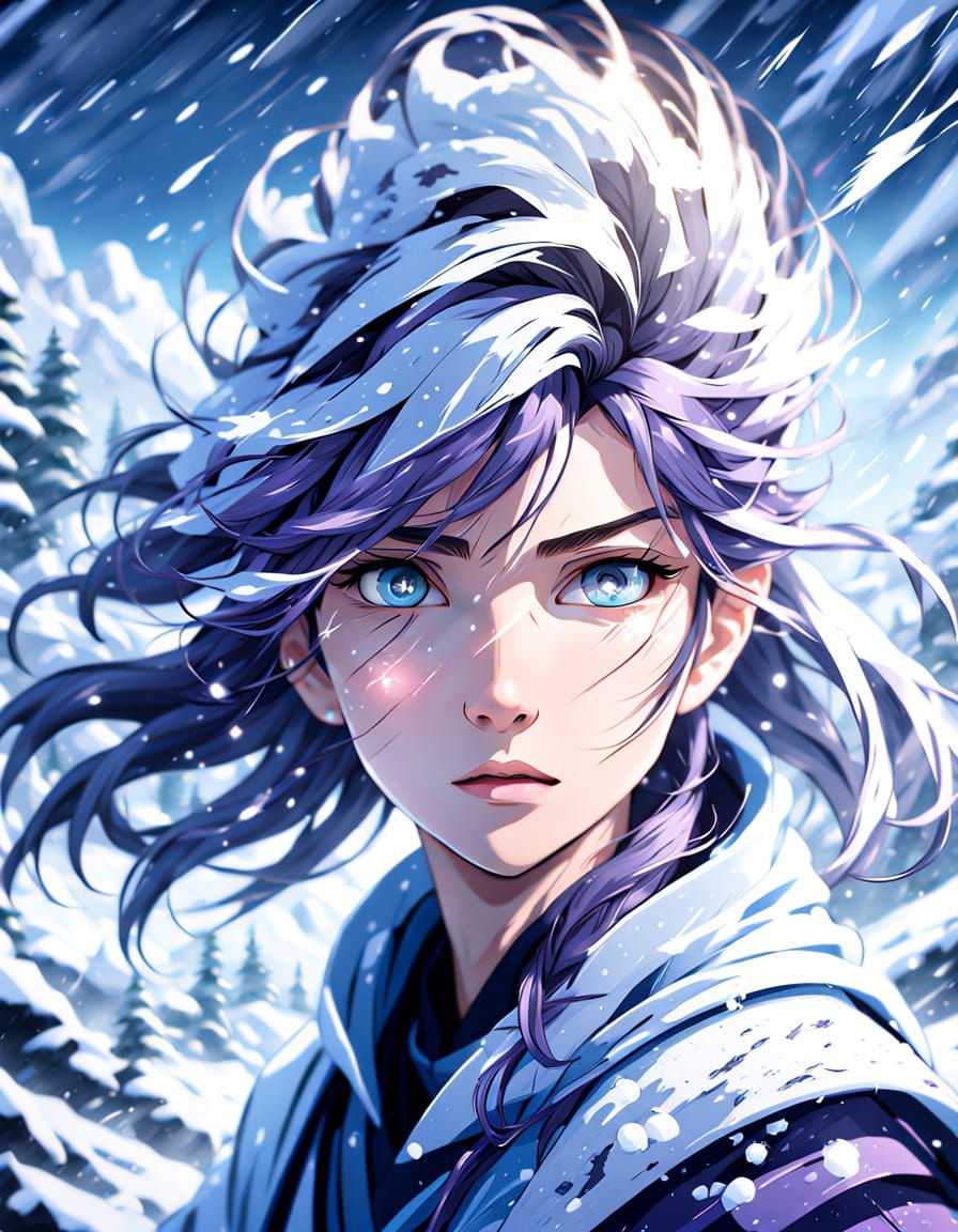 Anime Woman Battles Fierce Snowstorm in Digital Art