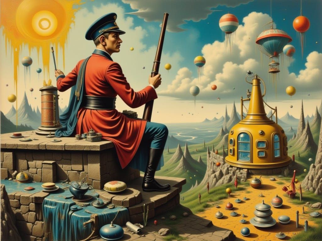 Surreal Vigilance: Old Man Awaits War