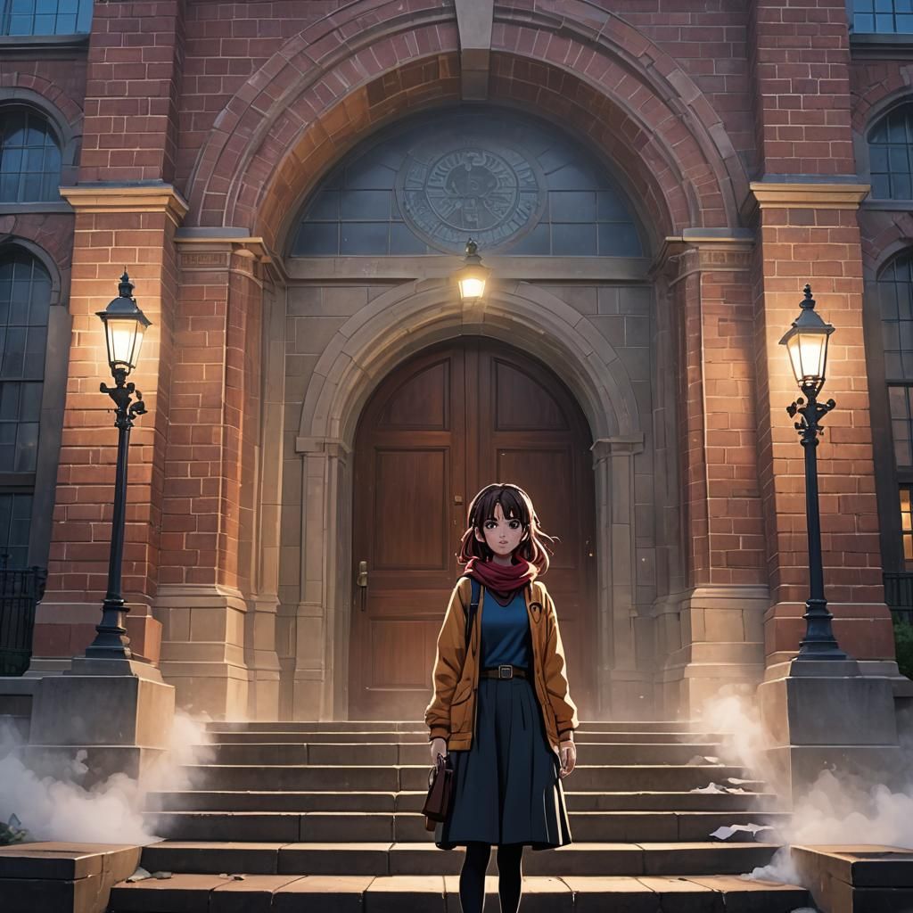 Anime Style Woman at University Library Entrance