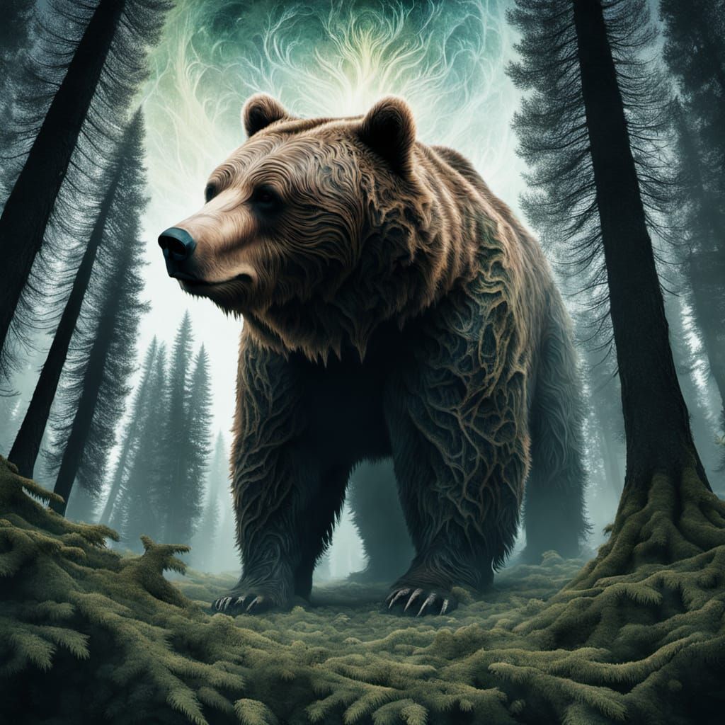 Surreal Grizzly Bear Silhouette with Eldritch Forest