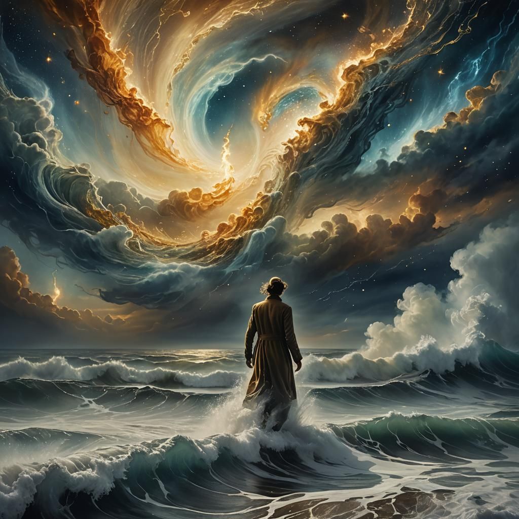 Surreal Figure at Ocean's Edge with Galaxy Sky