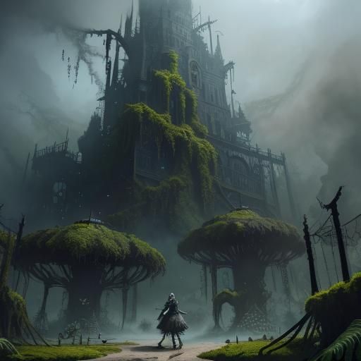 Goth Model in VR with Locusts, Detailed Matte Painting