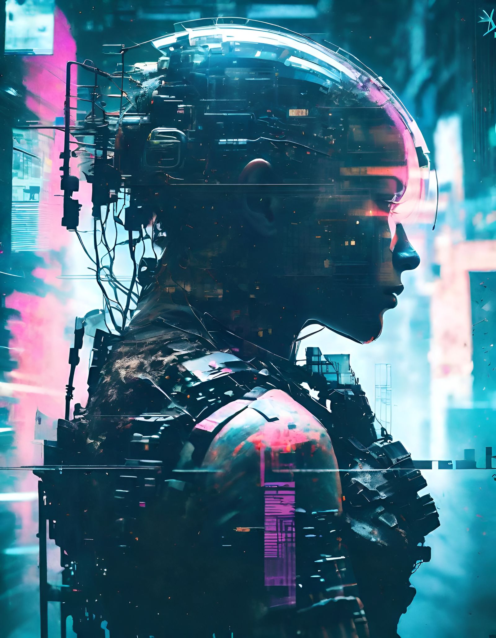 Cyberpunk Mech Silhouette Over Quantum Entanglement