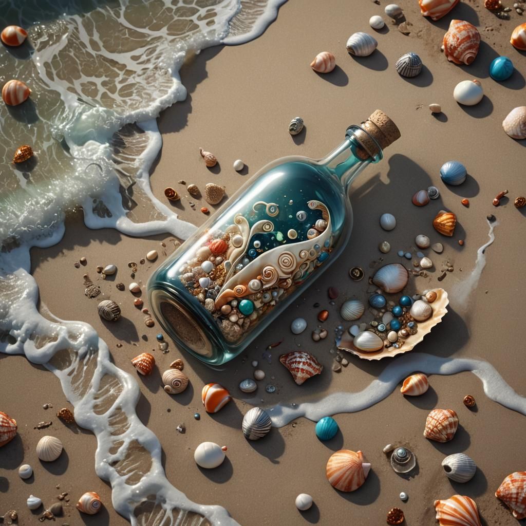 Intricate Message in a Bottle on Beach, Detailed Matte Paint...
