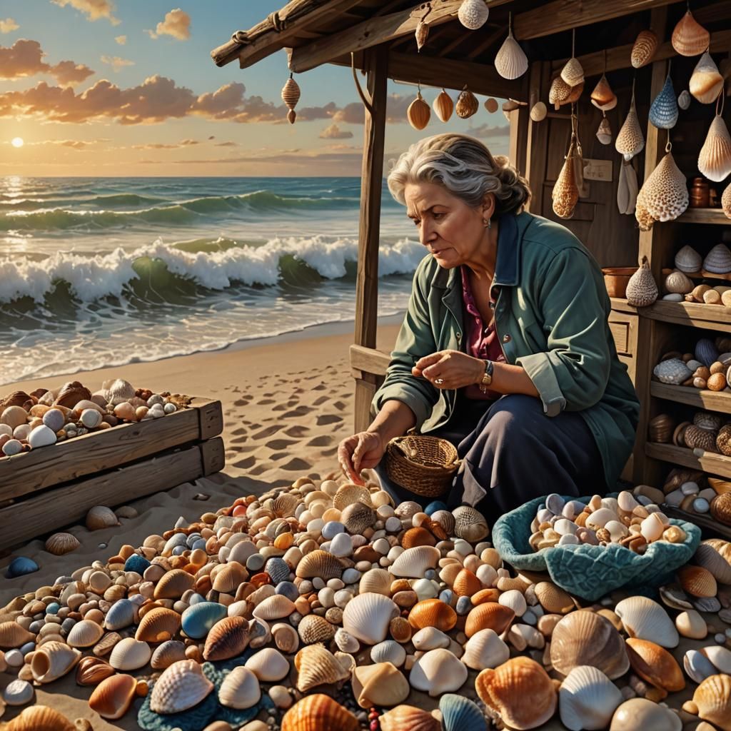 Seashell Vendor on the Shore: Hyperrealistic Digital Art