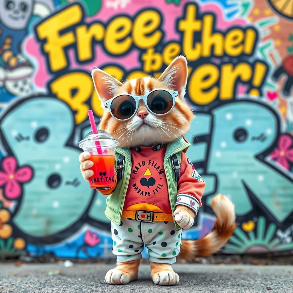 Cat in K-Pop Outfit with Bubble Tea and Street Art