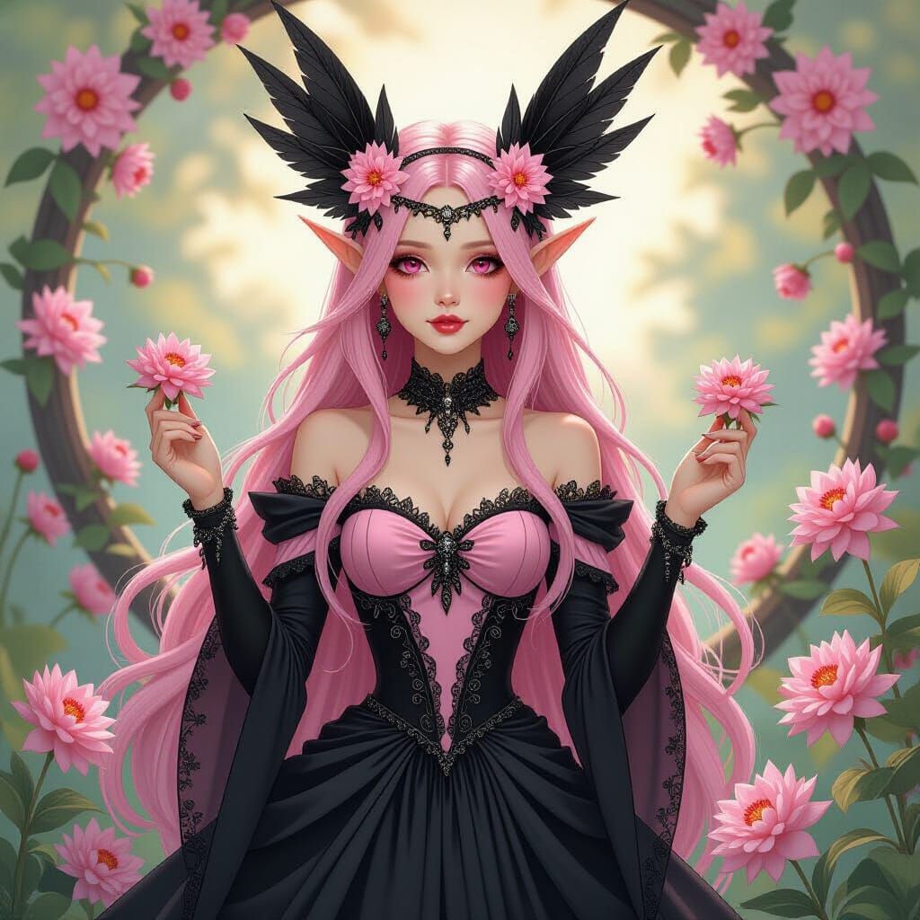 Dahlia Flower Fae with Pink Hair, in Art Nouveau Style