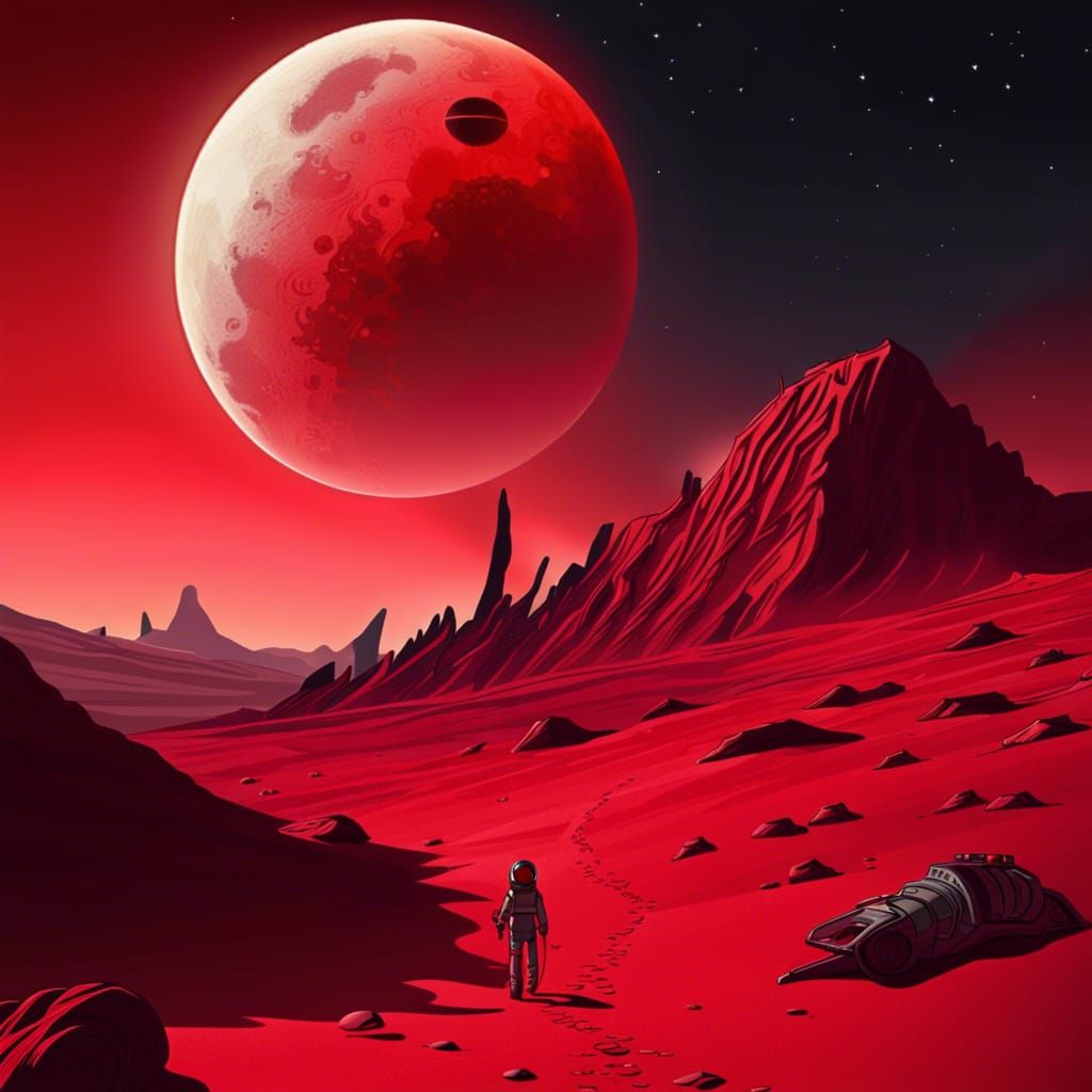 Explorers on Alien Planet with Red Moon