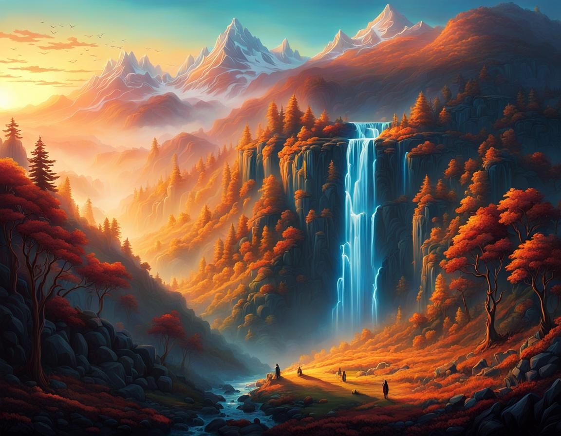 Mystical Waterfall Sunrise in the Misty Valley