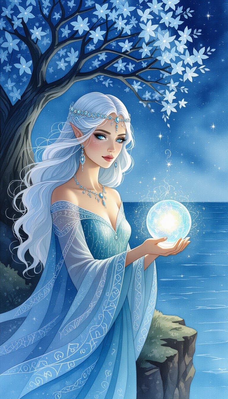 Moonweaver Oracle: Mystical Woman in Watercolor