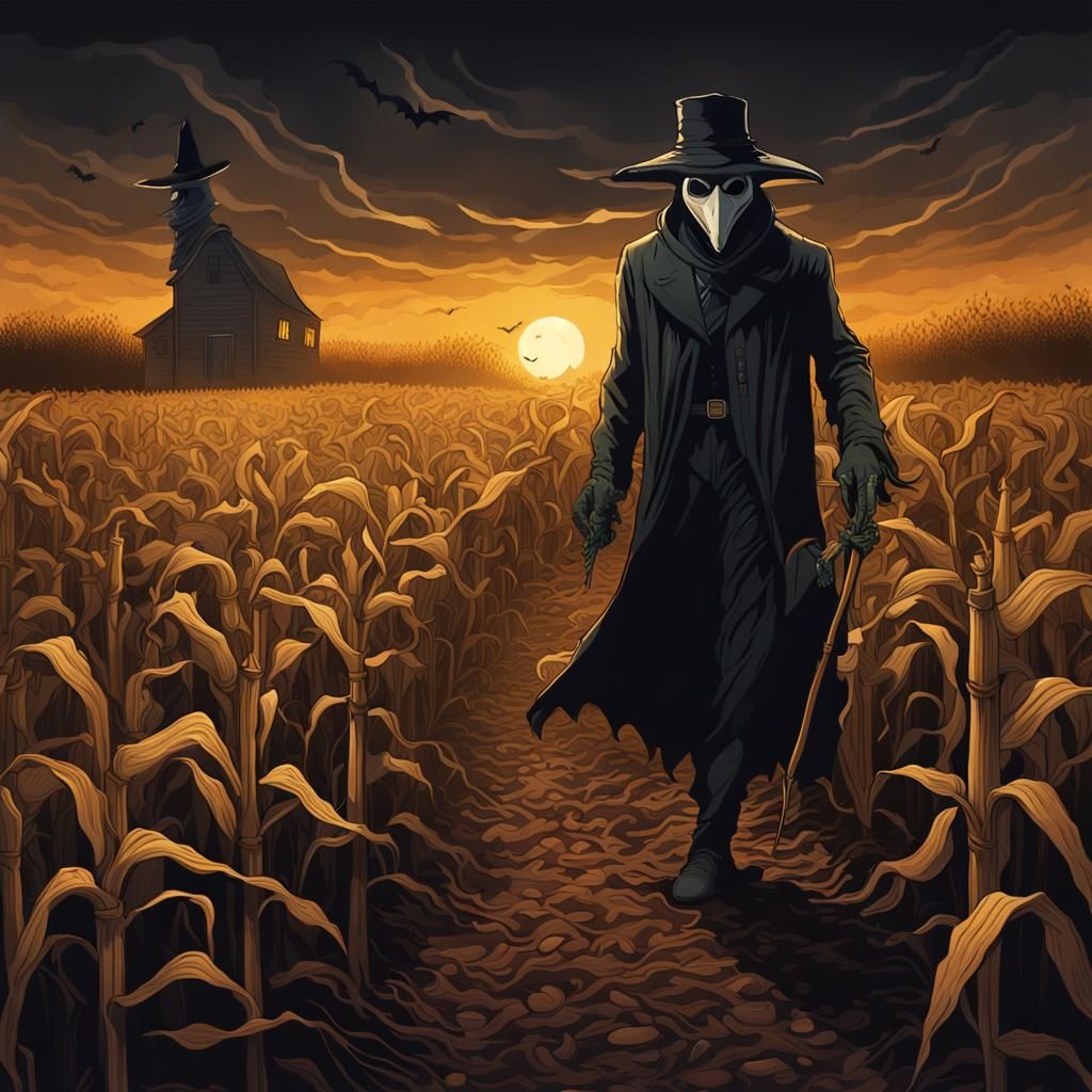Eerie Plague Doctor in Halloween Cornfield