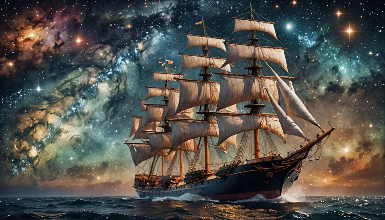 Sailing Ship Navigating Stars and Galaxies