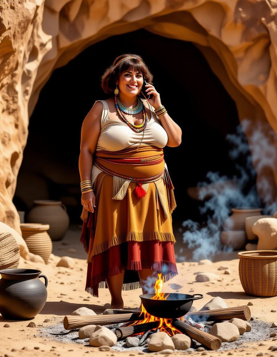 Overweight Egyptian Woman in Prehistoric Scene, Photorealist...