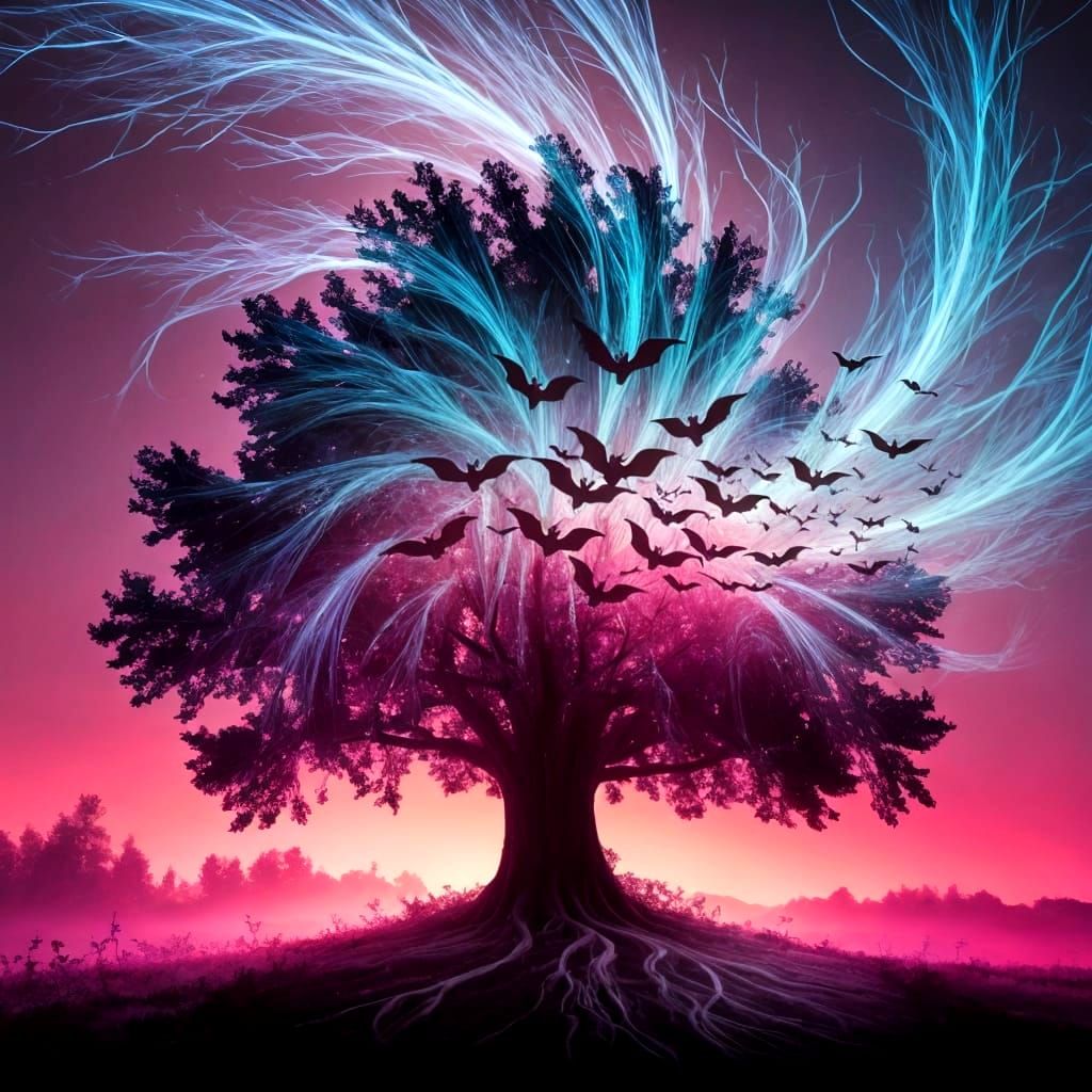 Surreal Tree Silhouette Filled with Fractal Bats