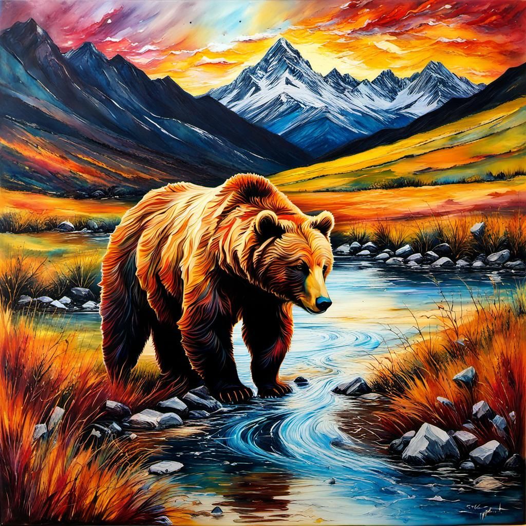 Encaustic Bear Observes Mountain Sunrise