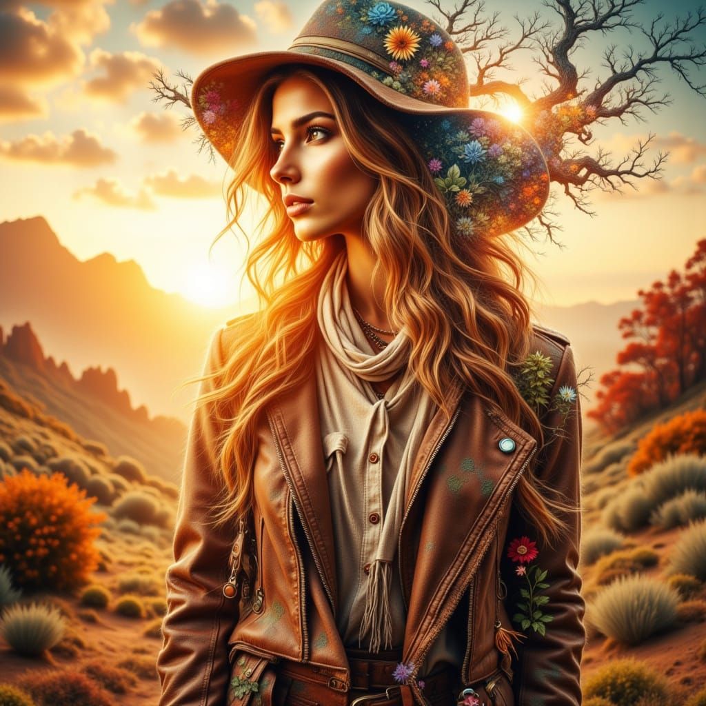 Adventurous Woman in Double Exposure Watercolor Sunset