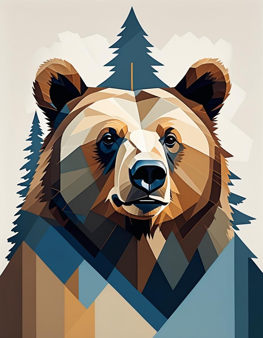 Abstract Geometric Bear Portrait in Muted Tones