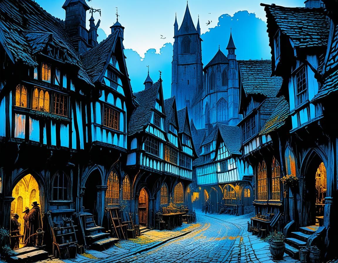 Mysterious Medieval Town at Night in Deep Color