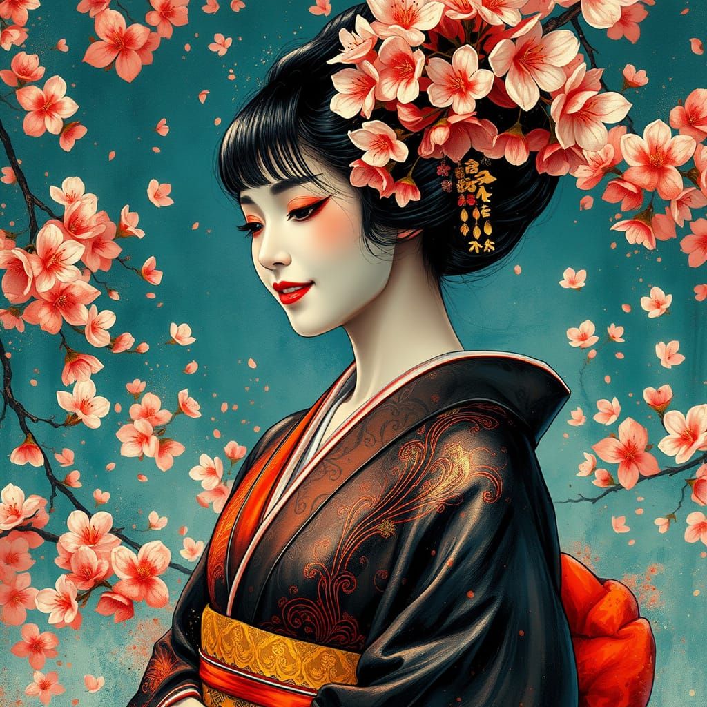 Elegant Geisha in Cherry Blossoms, Art Nouveau Style