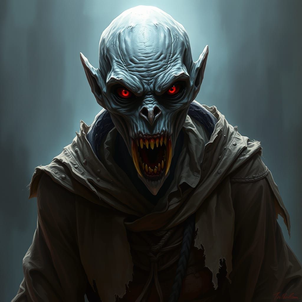 Mysterious, Gray-Skinned Ghoul in Earth-Toned Robes
