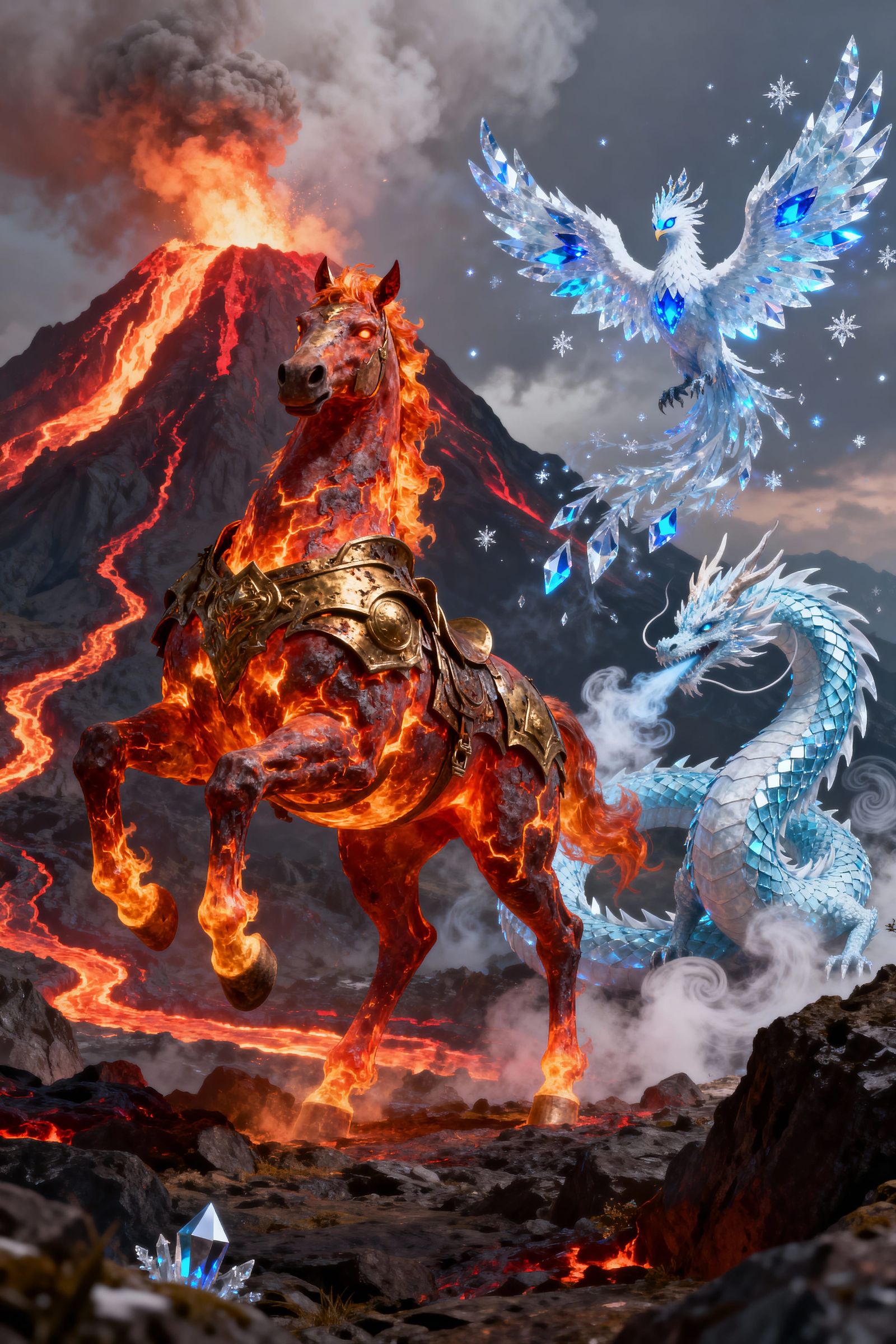 Fire Centaur & Ice Phoenix in Erupting Volcano - 3D Anime Ar...