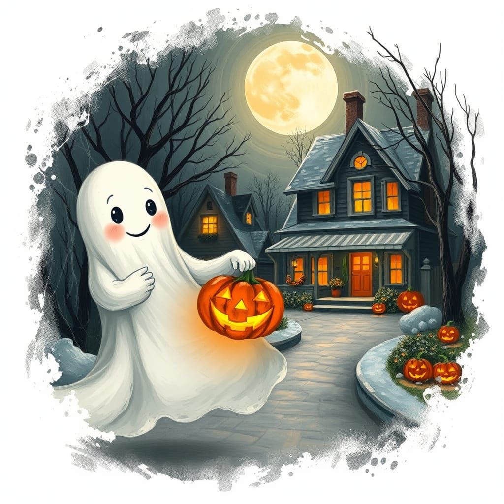 Cute Ghost with Jack-o'-Lantern in Children's Book Illustrat...