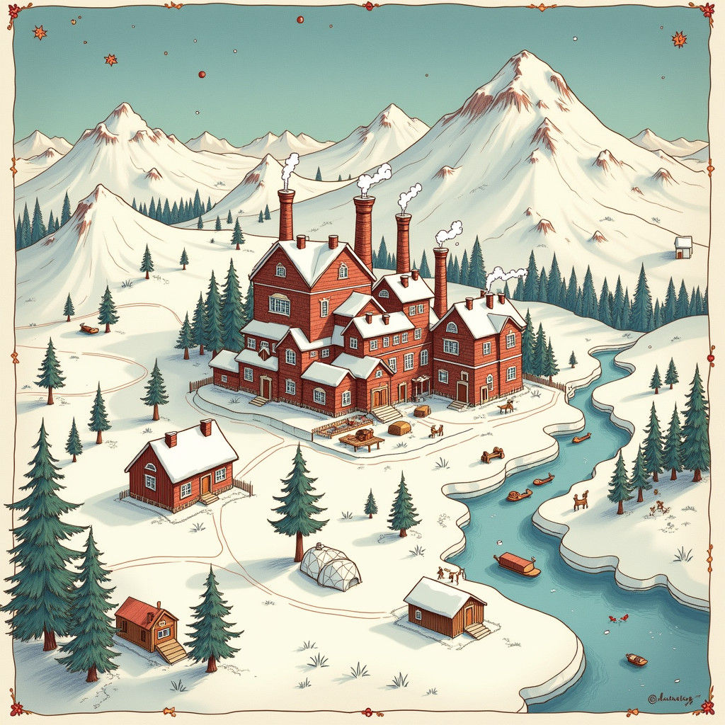 North Pole Map: Santa's Factory in Children's Book Style