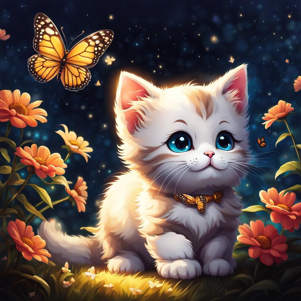 Cute Chibi Cat with Butterfly in Sunlight