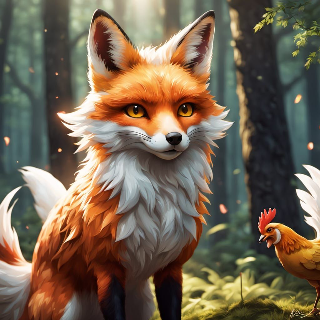 Fox Hunts Chicken in Misty Forest Anime Art