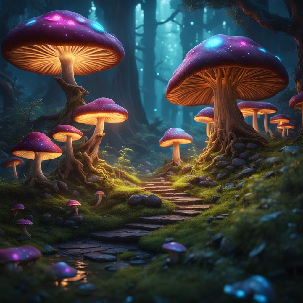 Enchanted Forest with Luminous Mushrooms: Detailed Matte Pai...