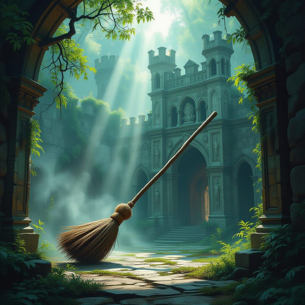 Gigantic Magical Broom Sweeps Over Ancient Castle